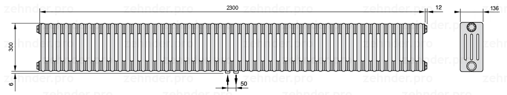 Схема (чертеж) Радиатор Zehnder Charleston 4030/50 №3470 Белый глянцевый RAL 9016